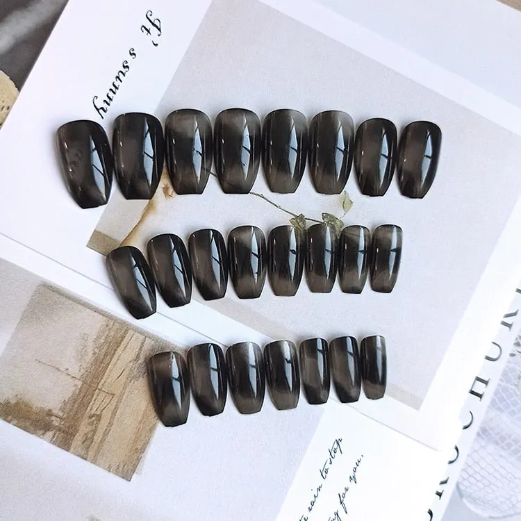 24pcs Black Nail Patch Trapezoid Ballerina mid length Acrylic Removable Fashion Manicure False Nail Patch with Glue-Nail Inspo