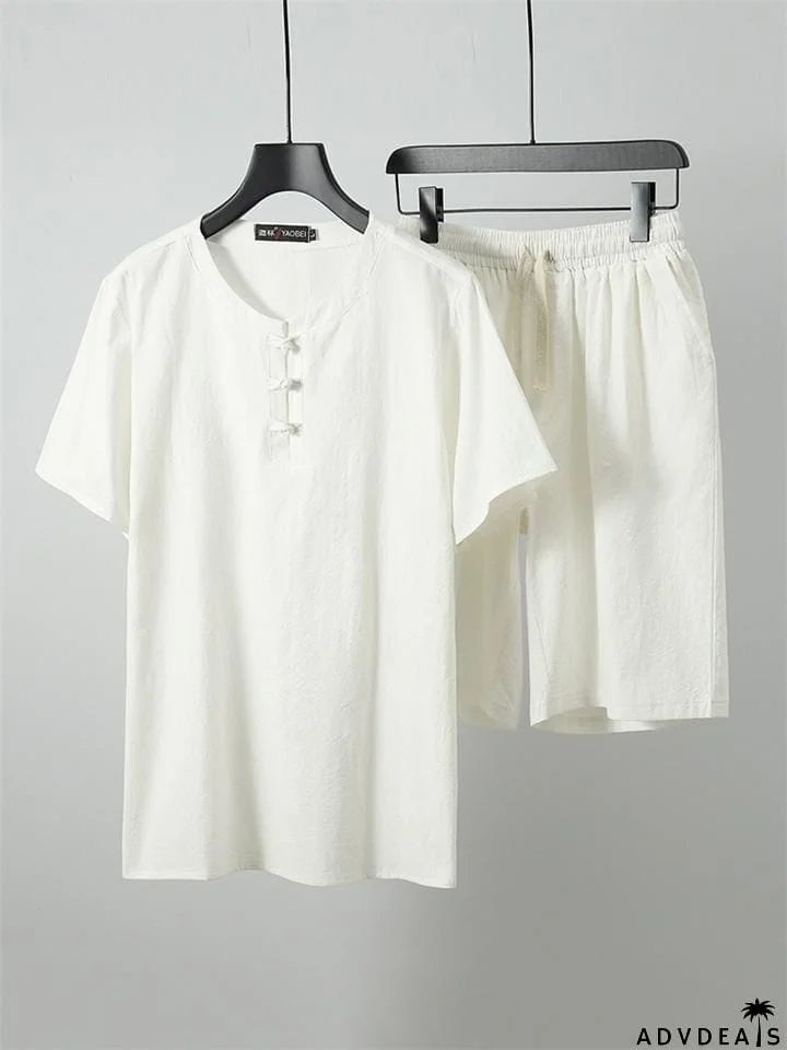 Mens Vintage Loose Solid Color Cotton&Linen Short Sleeve T-Shirts+Shorts