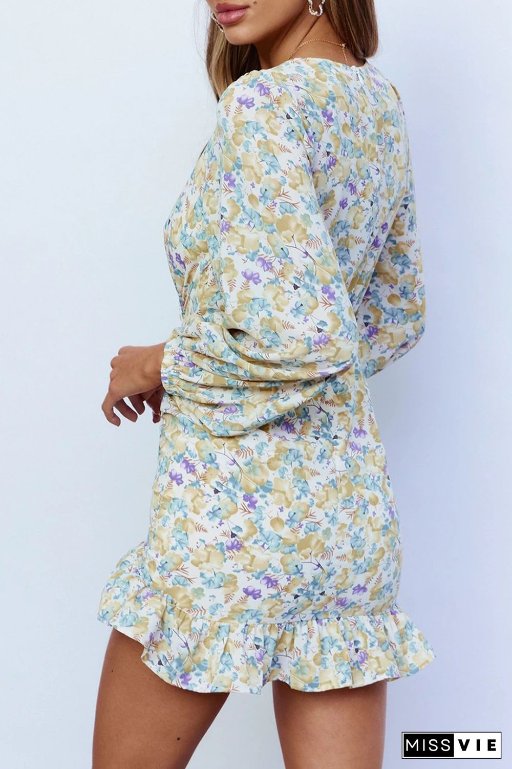 Fashion Elegant Floral Draw String Flounce V Neck Dresses