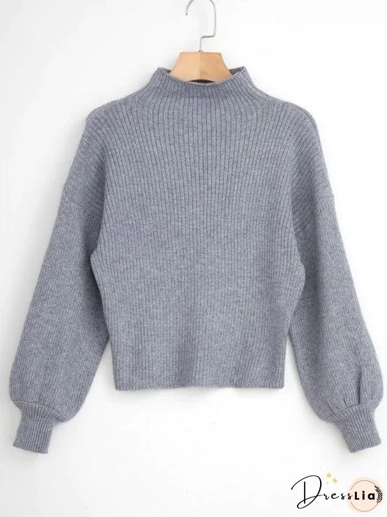 Pullover Blouson Sleeve Ribbed Funnel Sweater