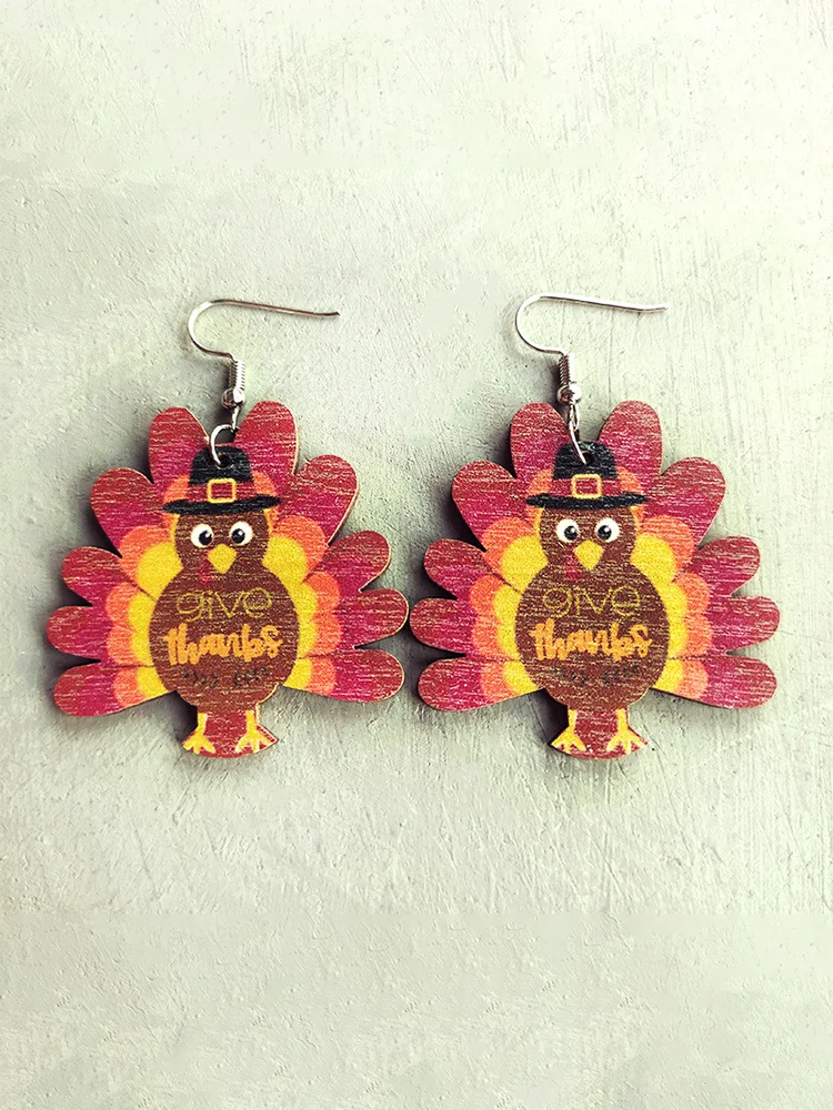 Autumn Thanksgiving Lovely Turkey Wood Earrings
