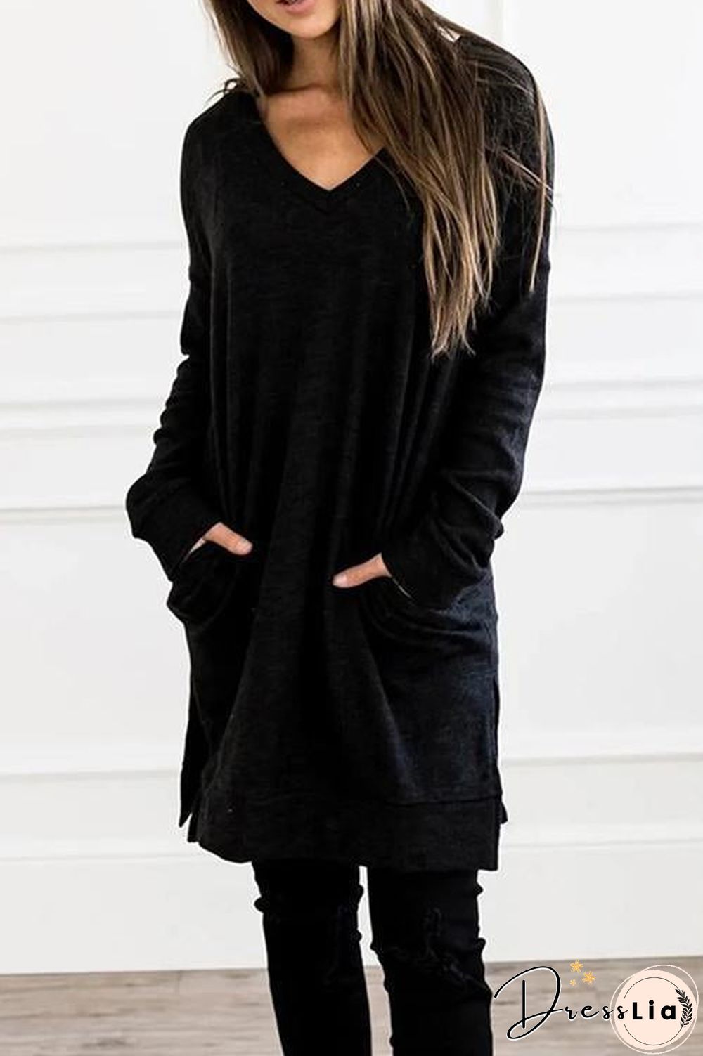Pockets Slit V Neck Hoodie Dress