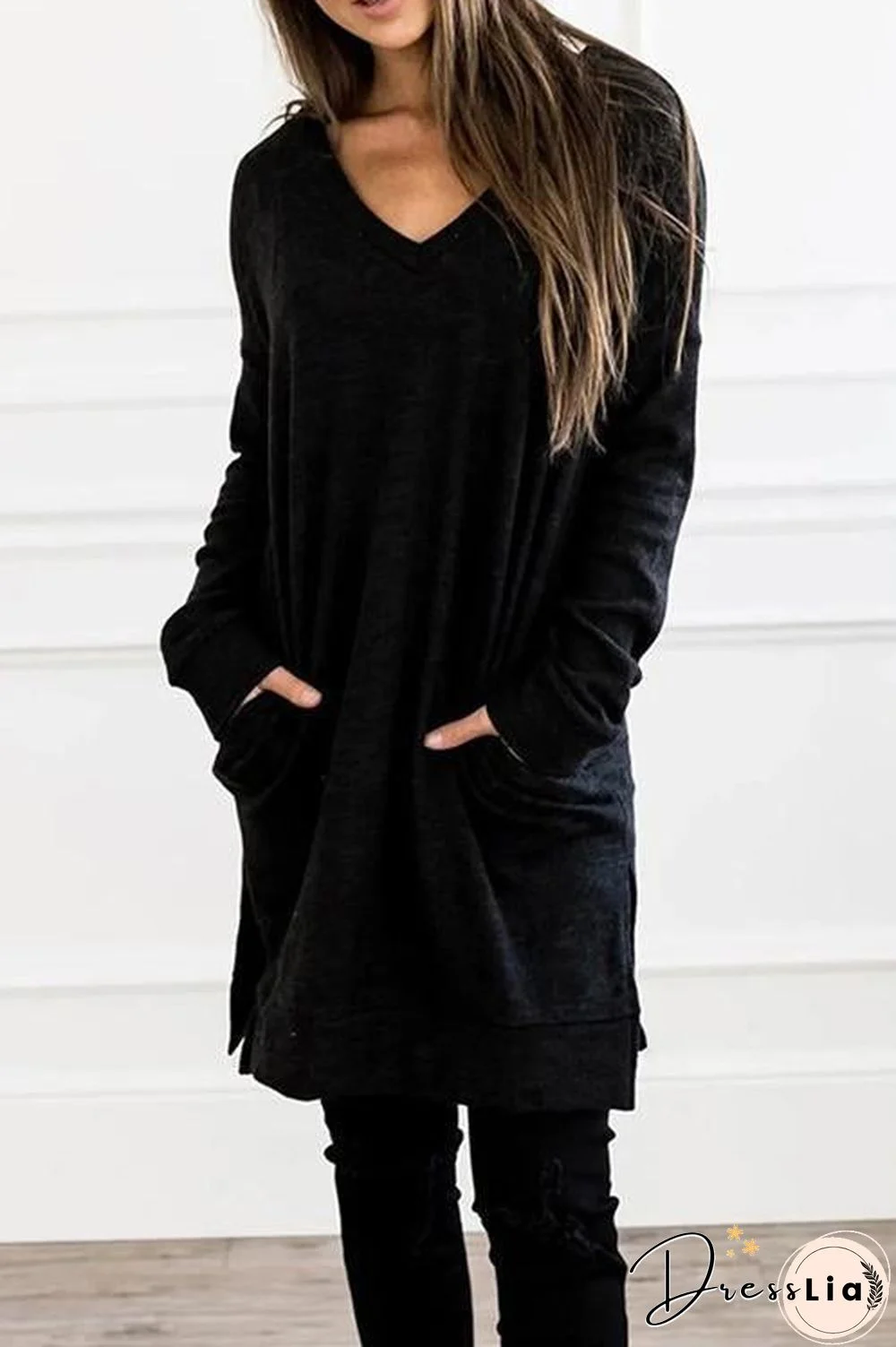 Pockets Slit V Neck Hoodie Dress