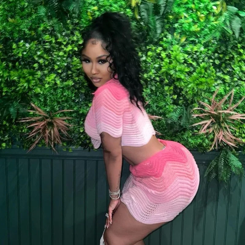 BIIKPIIK Gradient Tie Dye Knitted Two Piece Sets Elegant Female Short Sleeve Crop Tops Matching Cute Mini Skirts For Women Party