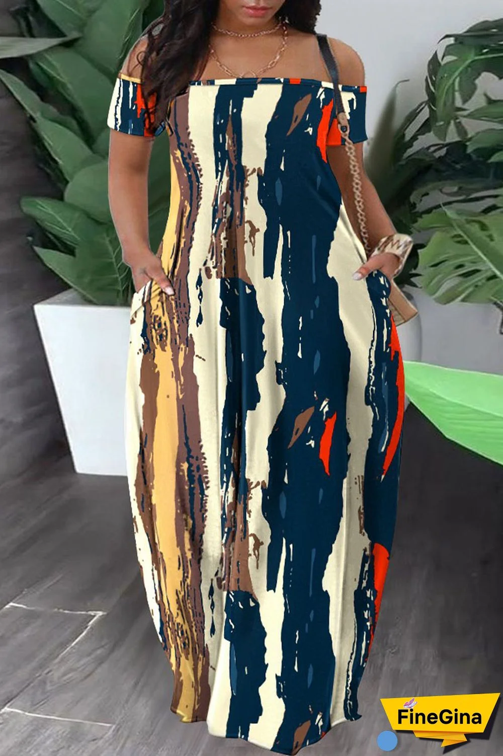 Army Green Casual Print Patchwork Pocket Off the Shoulder Lantern Dress Dresses