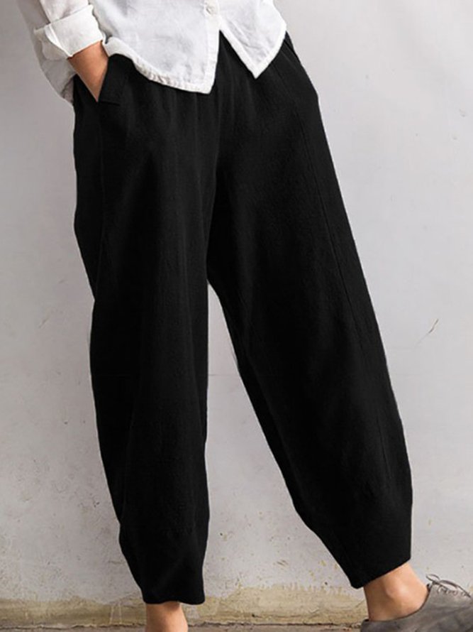 Casual Linen Solid Pockets Elastic Band Pants