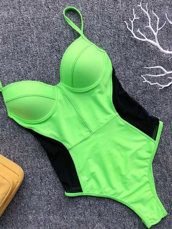 Plain Gauze Spaghetti-Neck One-Piece Swimsuit