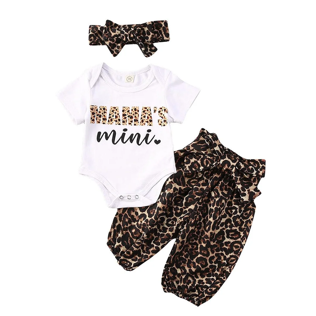 2020 Baby Summer Clothing Infant Newborn Baby Girl Letter Bodysuits Leopard Pants Headband 3Pcs Set Outfits