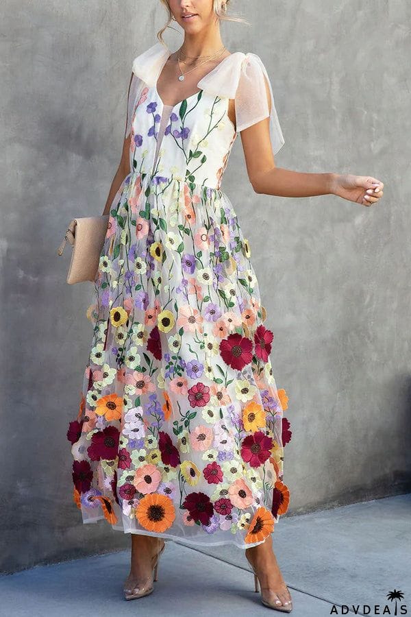 Summertime Blooms Floral Applique Adjustable Shoulder Tie Midi Dress