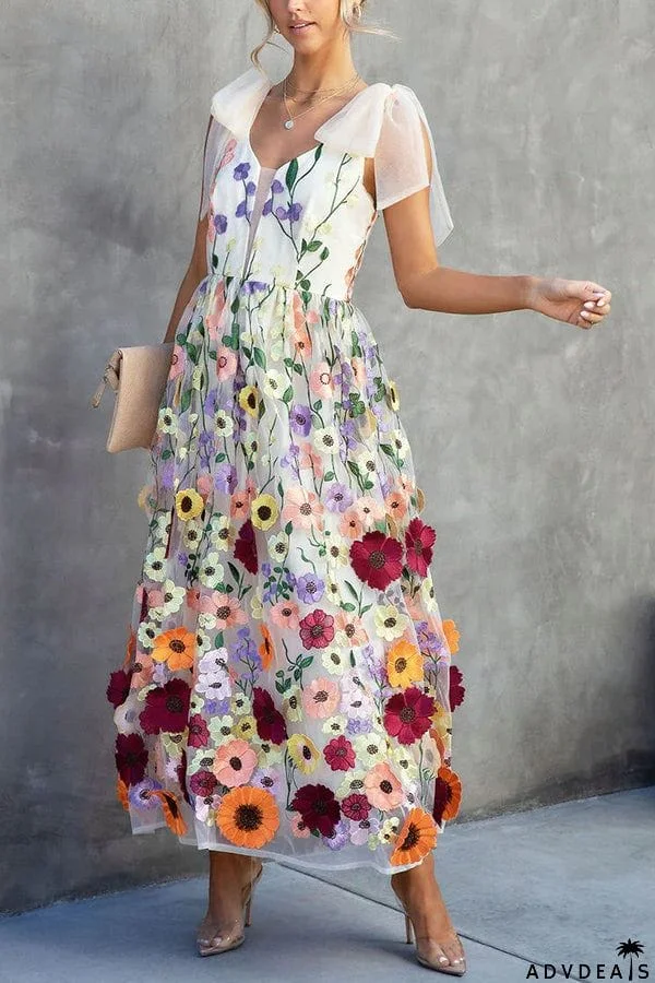 Summertime Blooms Floral Applique Adjustable Shoulder Tie Midi Dress