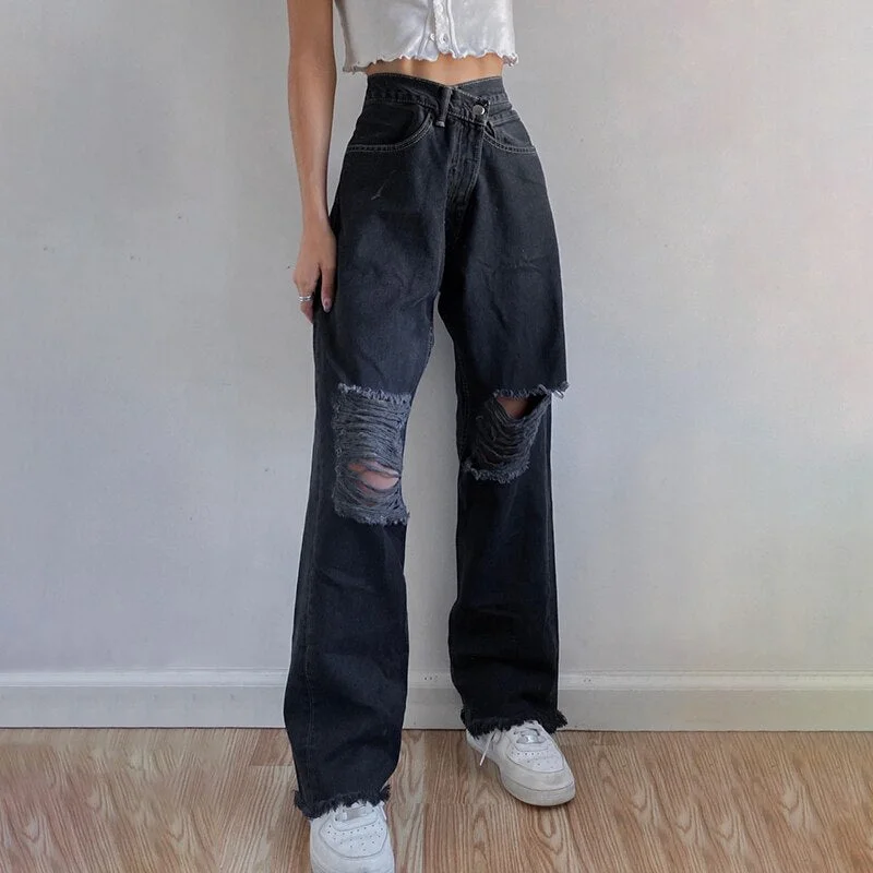 HEYounGIRL Baggy Black Boyfriend Jeans Pants Women Ripped High Waisted Denim Pants Capris Vintage Holes Distressed Trousers