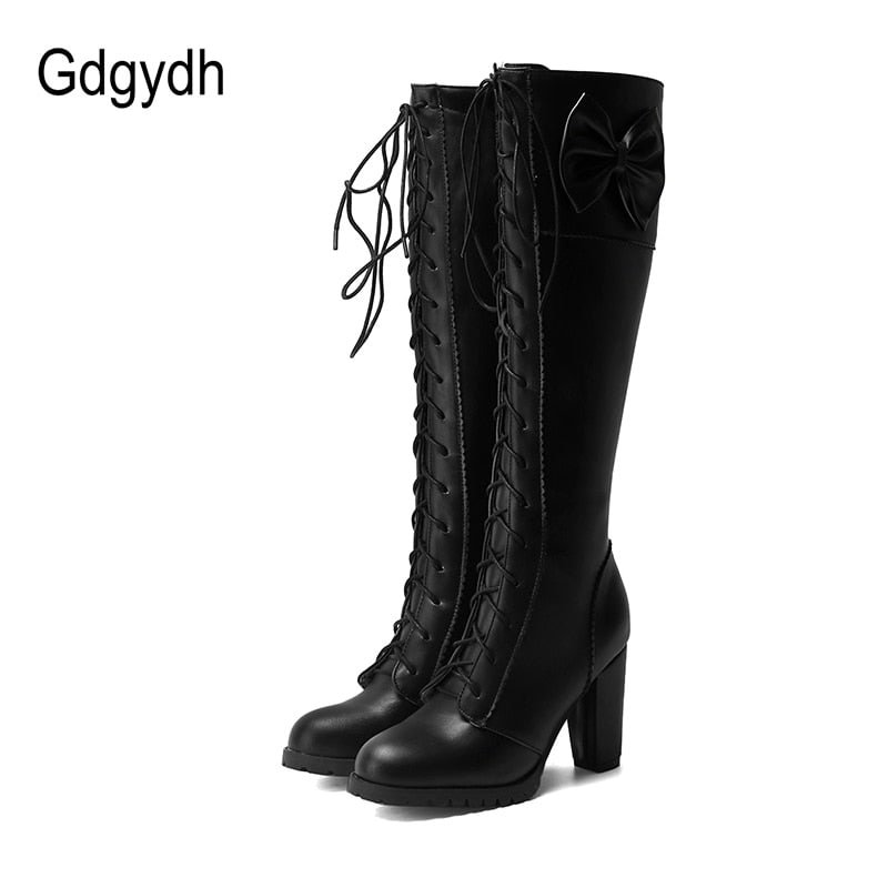 Gdgydh 2022 Autumn Winter Women Knee-High Motorcycle Boots Thick Heel Platform Bow-knot Female Wedding Boots Plus Size 48 Gothic