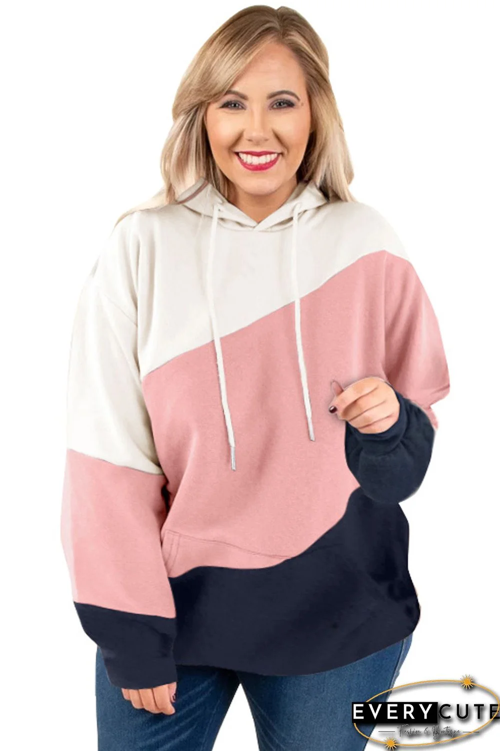 Pink Colorblock Kangaroo Pocket Plus Size Hoodie