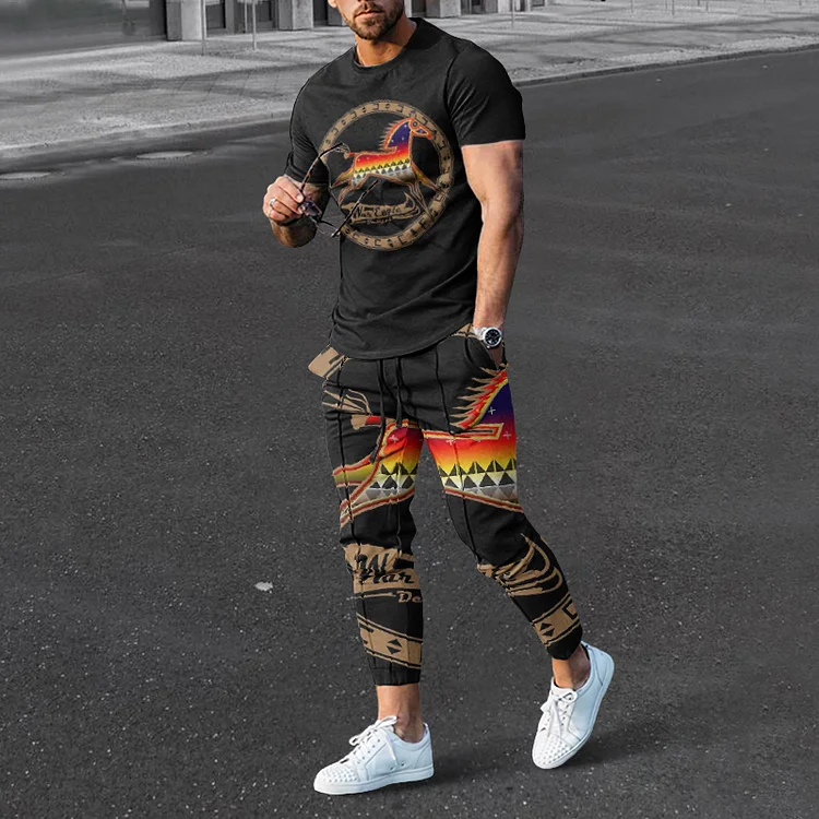 BrosWear Tribal Geometric Colored Horse T-Shirt And Pants Co-Ord