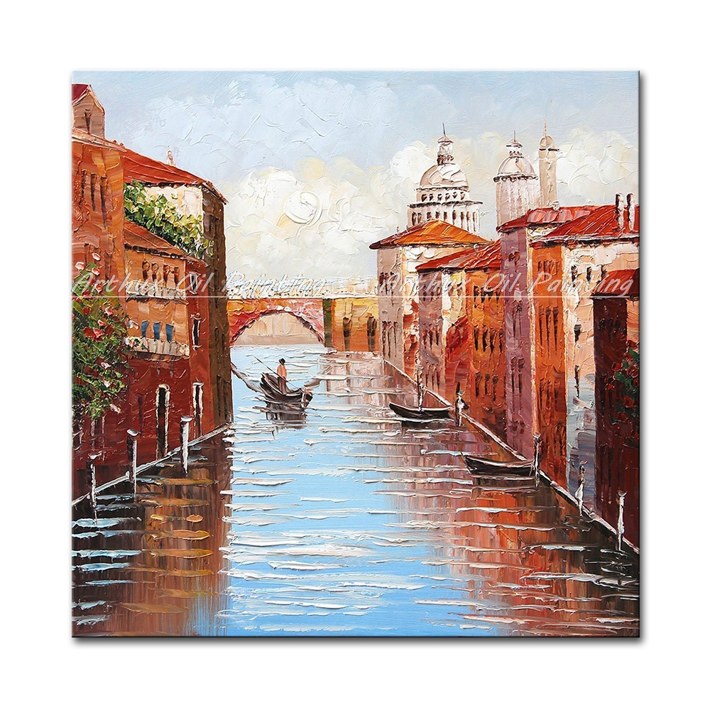 Cotton Tshirt Handpainted Thick Texture Venice Water City Landscape Oil Paintings On Canvas,Modern Wall Art Picture For Living Room Home Decor t -shirt Tee