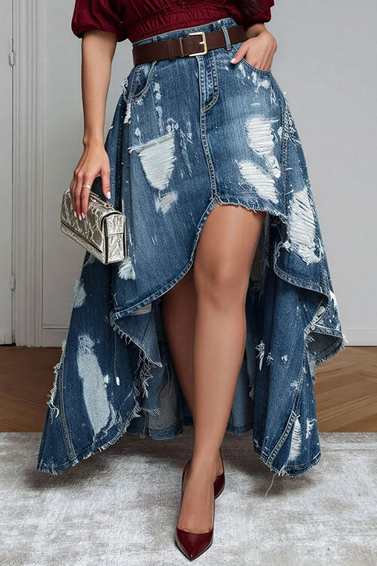 Xpluswear Design Plus Size Party Casual Light Blue Distressed High Low Hem Denim Skirts [Pre-Order] 2024 - Xpluswear