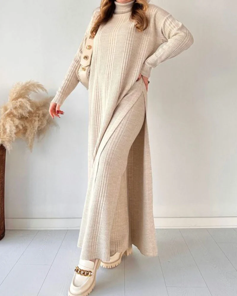Chic extended length slit knitted two-piece set