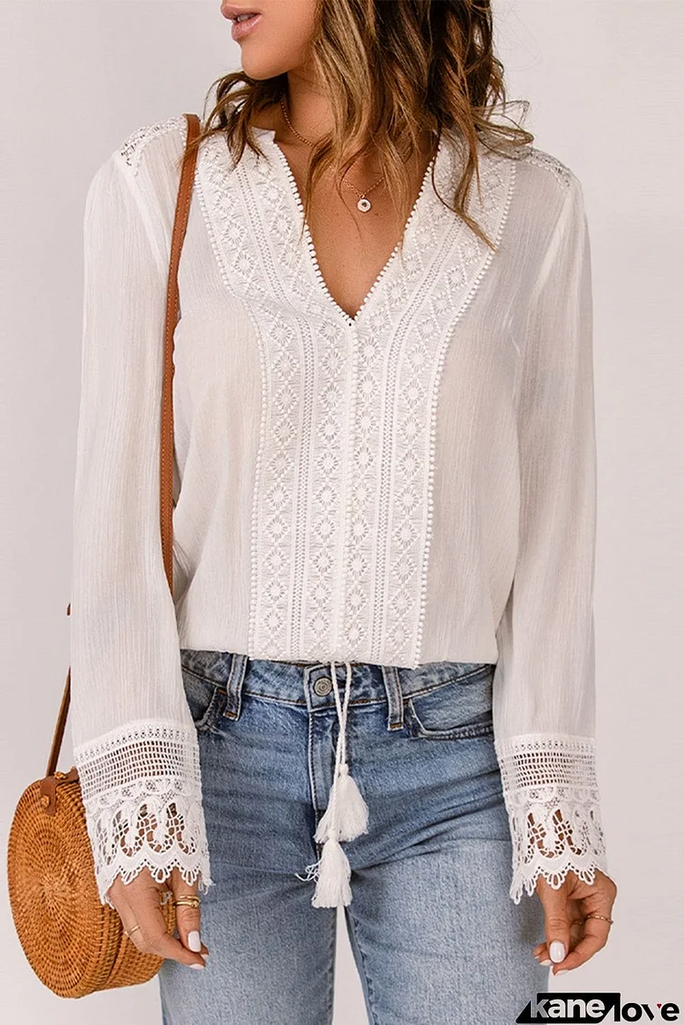 Bohemian Crochet Detail V Neck Blouse