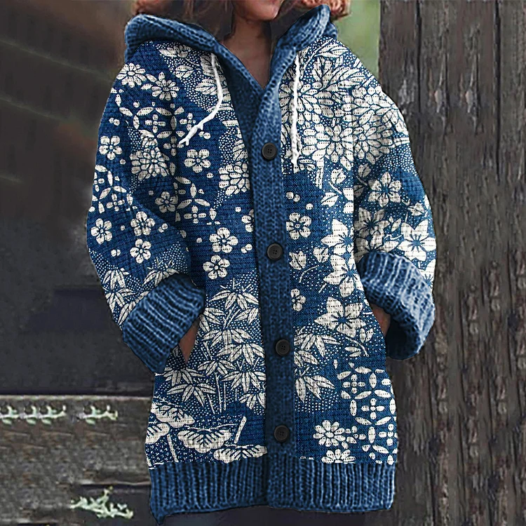 Comstylish Japanese Art Flower Print Knitted Hooded Cardigan