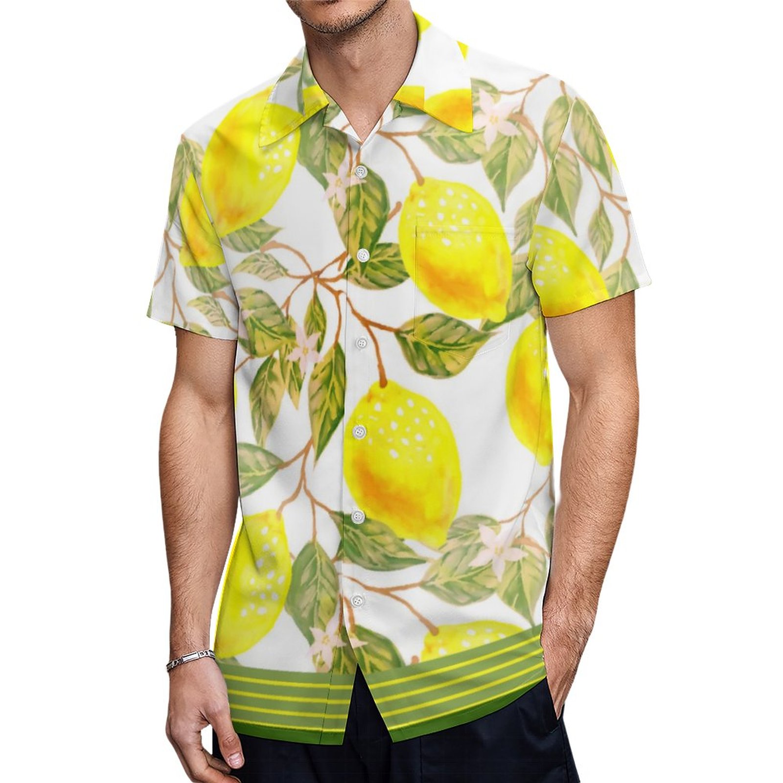 Monogram Hip Retro Lemon Tree And Stripes Hawaiian Shirt Mens Button Down Tropical Hawaii Beach Shirts