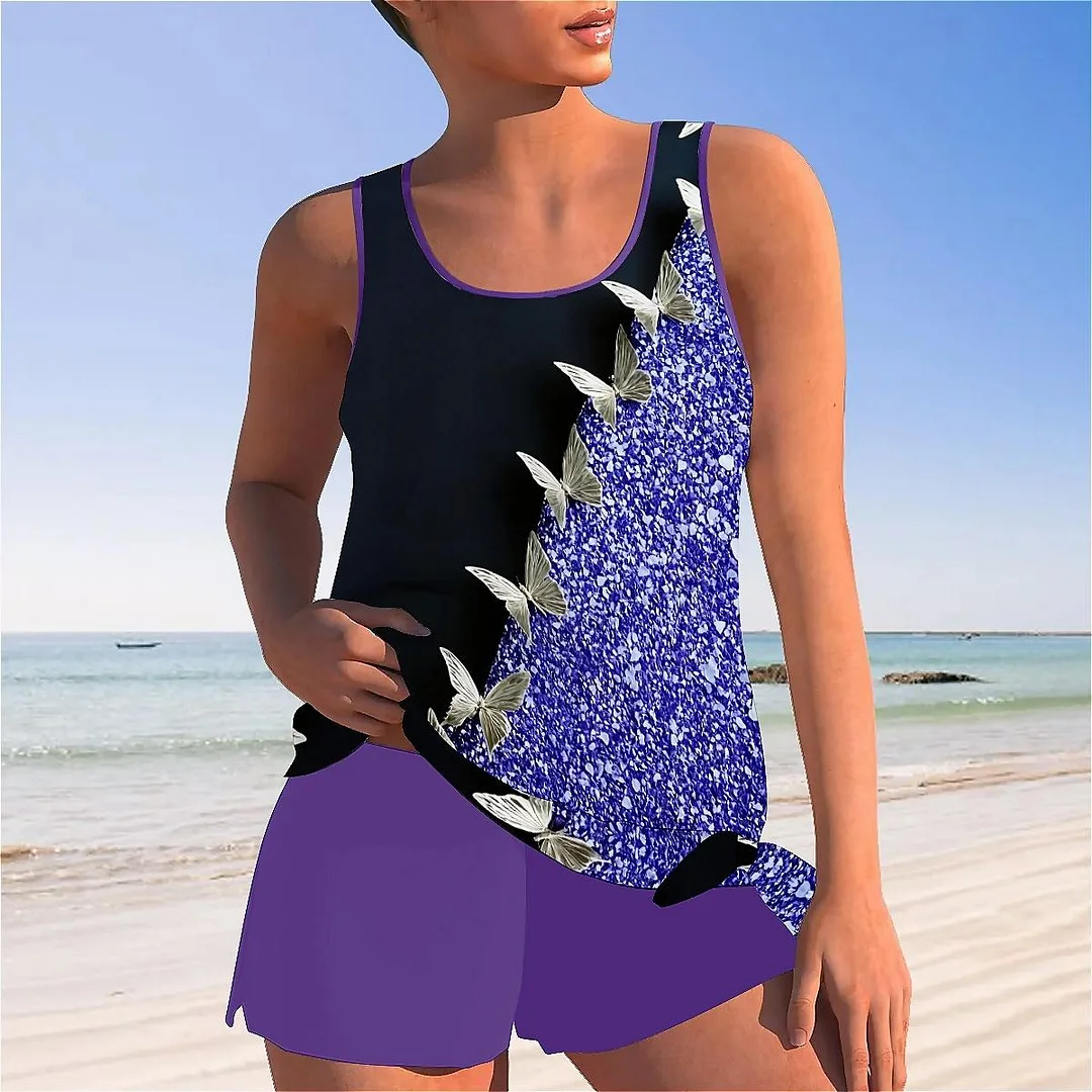 Bowknot Purple,Butterfly,Glitter Mid Waisted Tankini Set - Plus Size Available