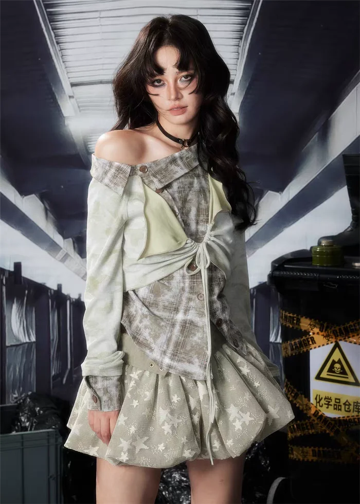 Irregular Patchwork Lace Up Long Sleeves School College Grunge