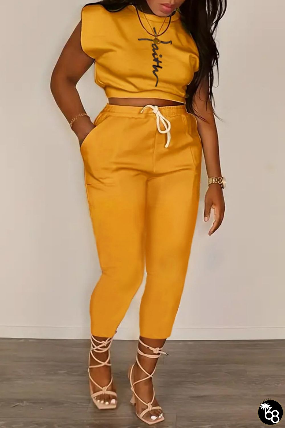 Ginger Casual Print Basic O Neck Sleeveless Two Pieces | 168DEAL
