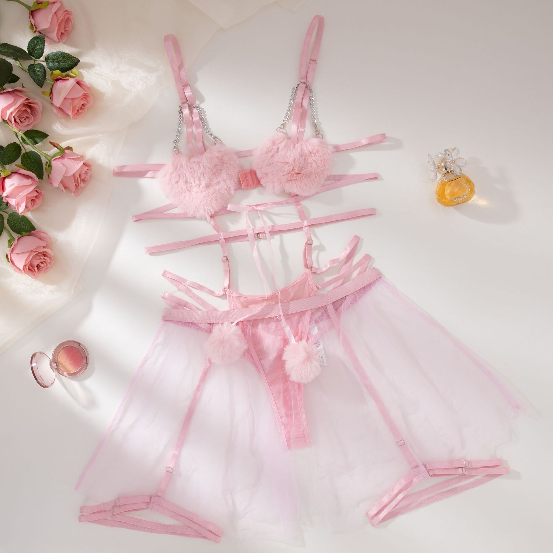 Lovingerie - Mesh Strap Stitching Love Pompon Lace One-Piece Skirt