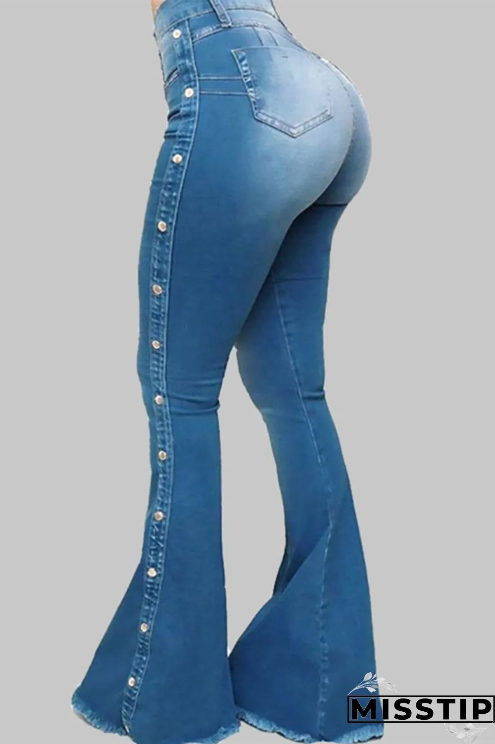 Light Blue Fashion Street Solid Rivets Patchwork Water Wash High-waisted Boot Cut Denim Jeans