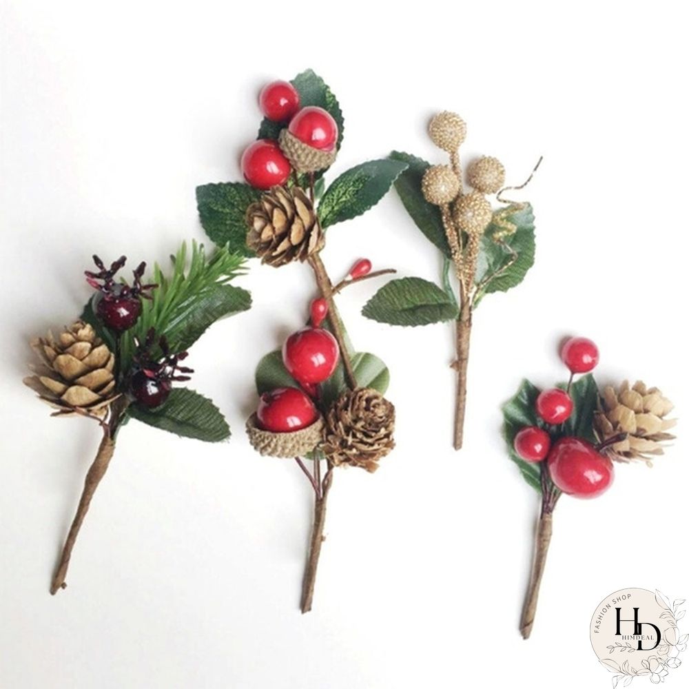 Christmas Red Berry Pine Cone Branches for Holiday Decoration Greeting Card Accessories