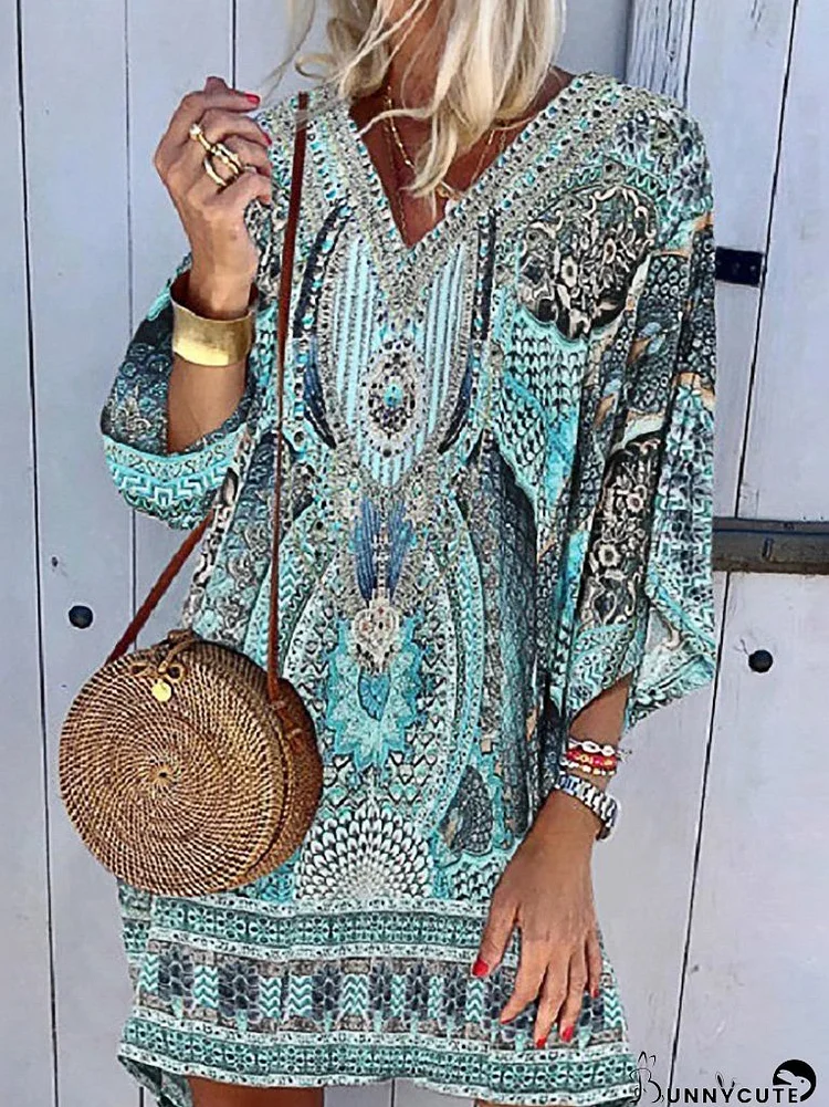 Casual Bohemian Long Sleeve Printed Dress