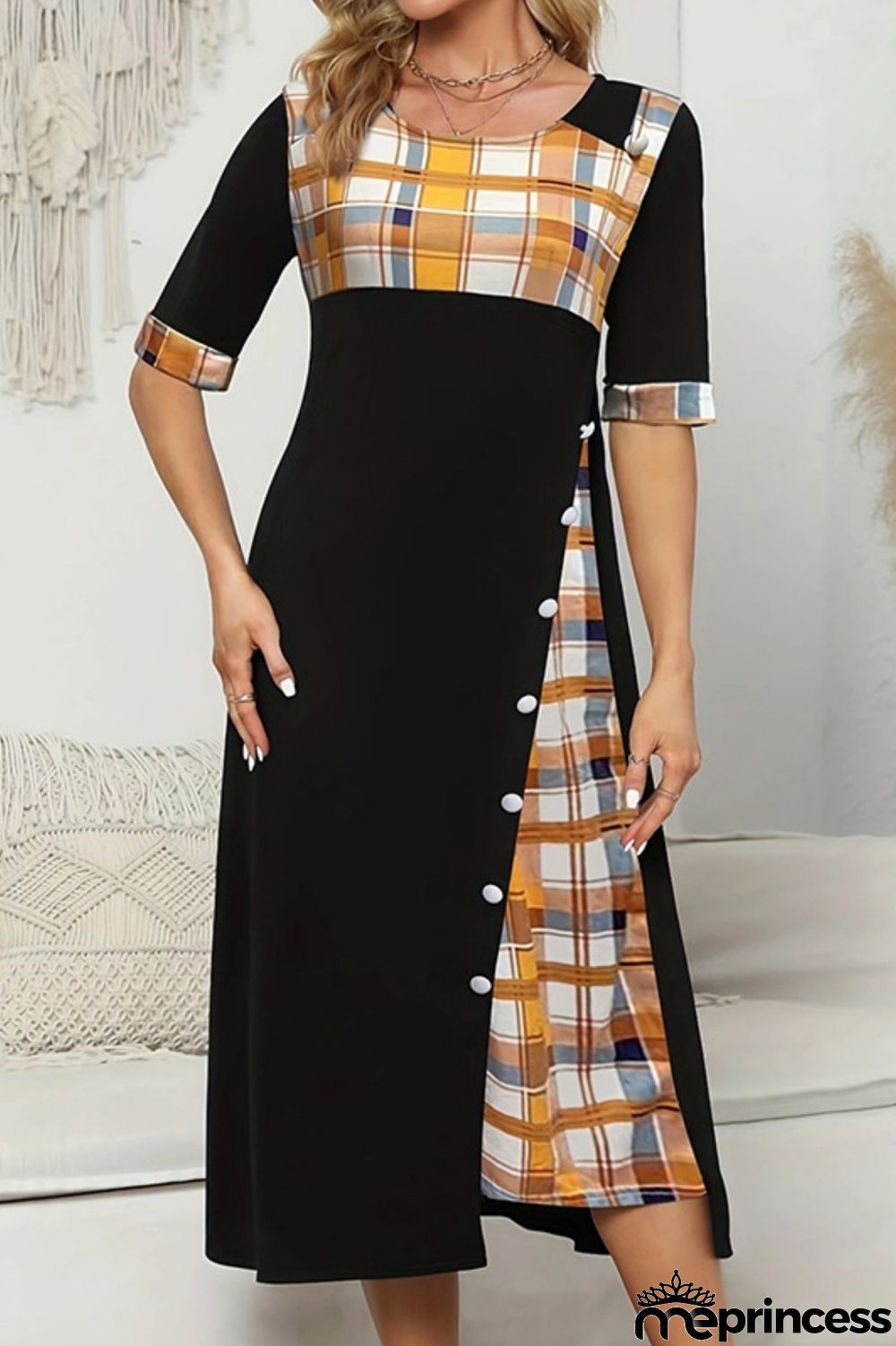 Casual Plaid Print Patchwork O Neck Short Sleeve Dress Dresses