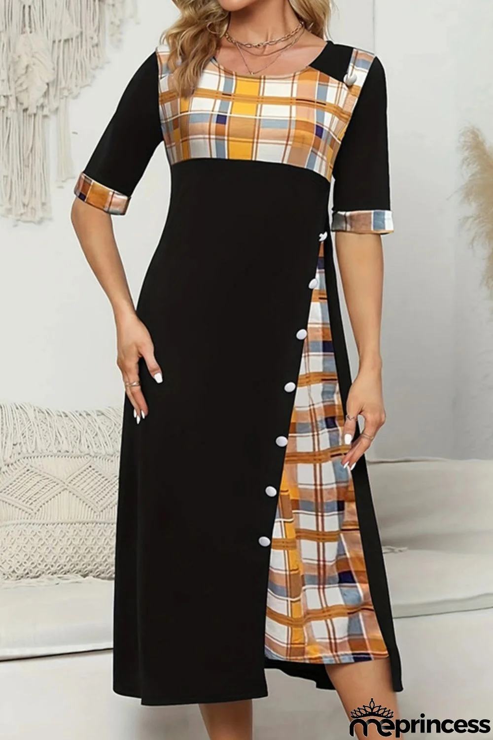 Casual Plaid Print Patchwork O Neck Short Sleeve Dress Dresses