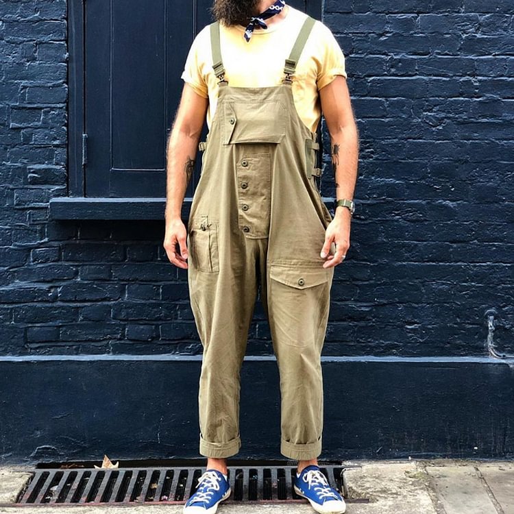 Vintage Multi-Pocket Adjustable Cotton Straight Overalls