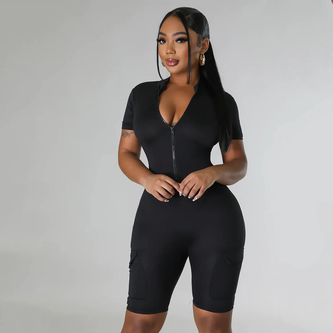 Sexy Tight Short-sleeved Solid Color Jumpsuit | IFYHOME