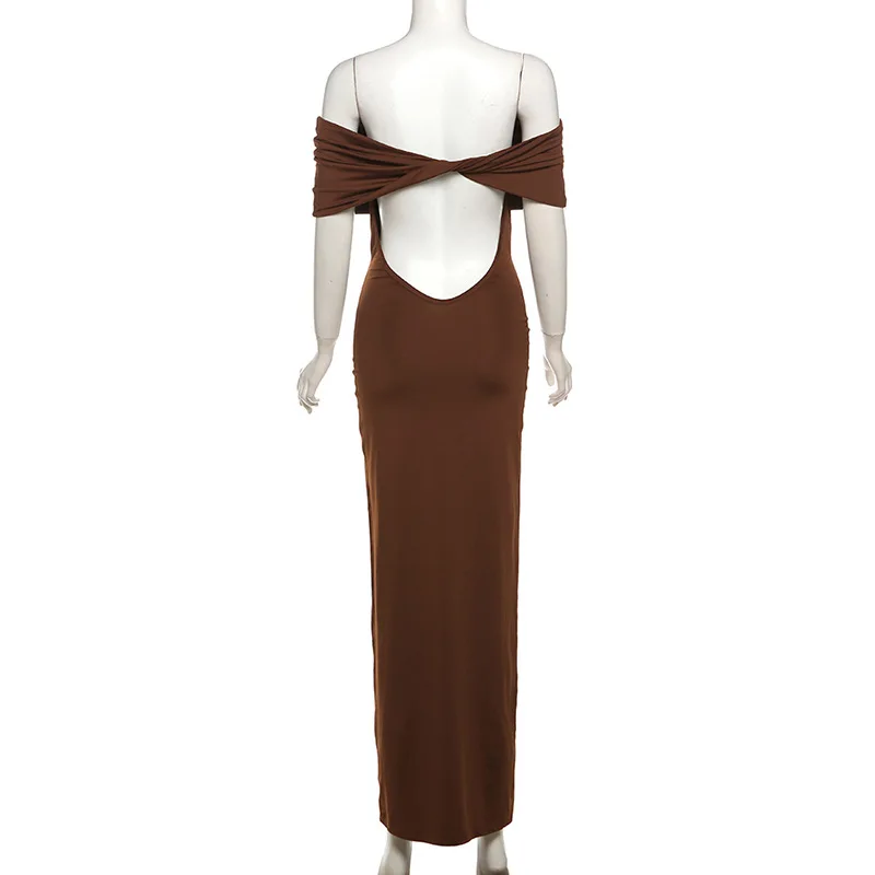 Ootddress Pleated Off-Shoulder Elegant Long Dress For Women Twist Backless Patchwork Fashion Solid Party Dress Summer Maxi Dress New