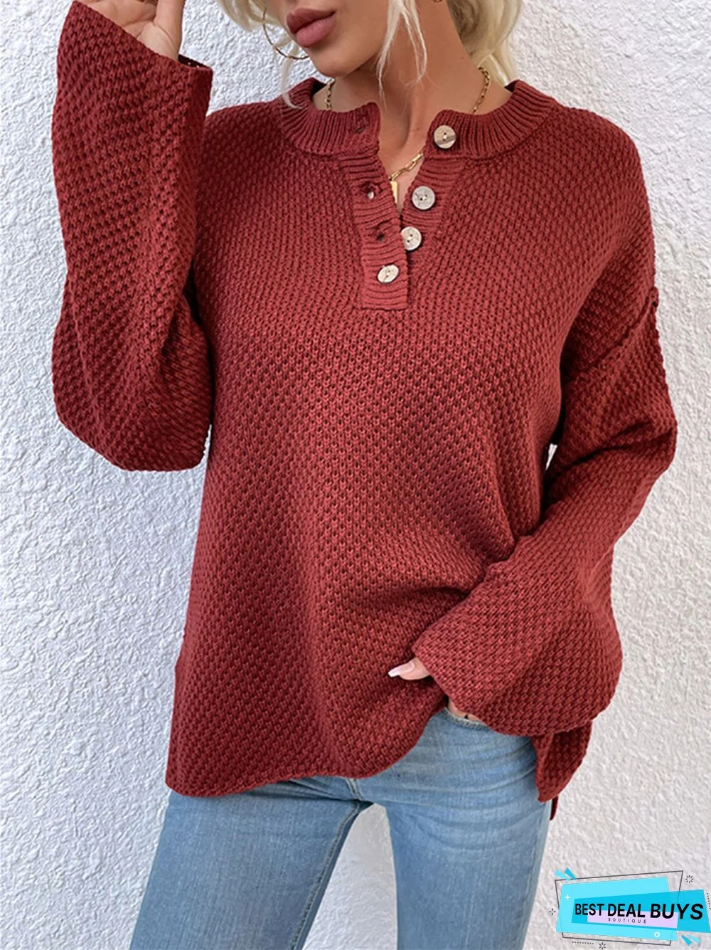 Casual Solid Color Sweater with Round Neck and Buttons