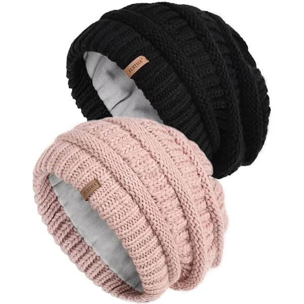 Knit Beanie Hats for Women Men Fleece Lined Ski Skull Cap Slouchy Winter Hat 2PCS