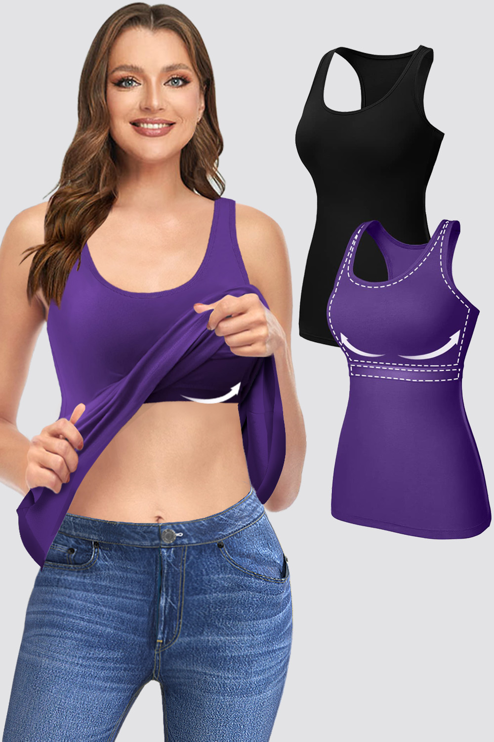 Flycurvy Plus Size Casual Purple Solid Color Tank Top With Built In Bra