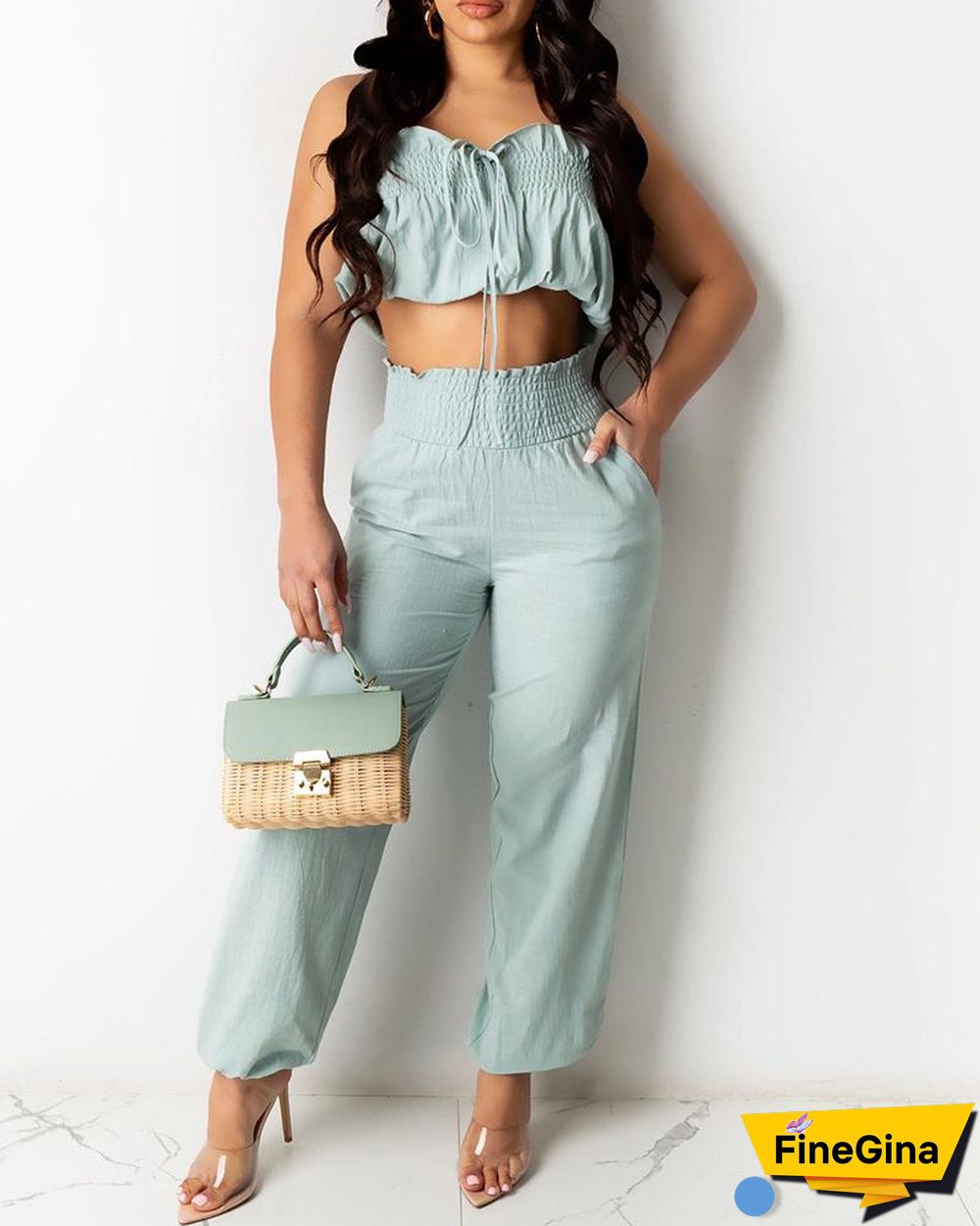 Bandeau Shirring Detail Frill Hem Crop Top & Pants Set