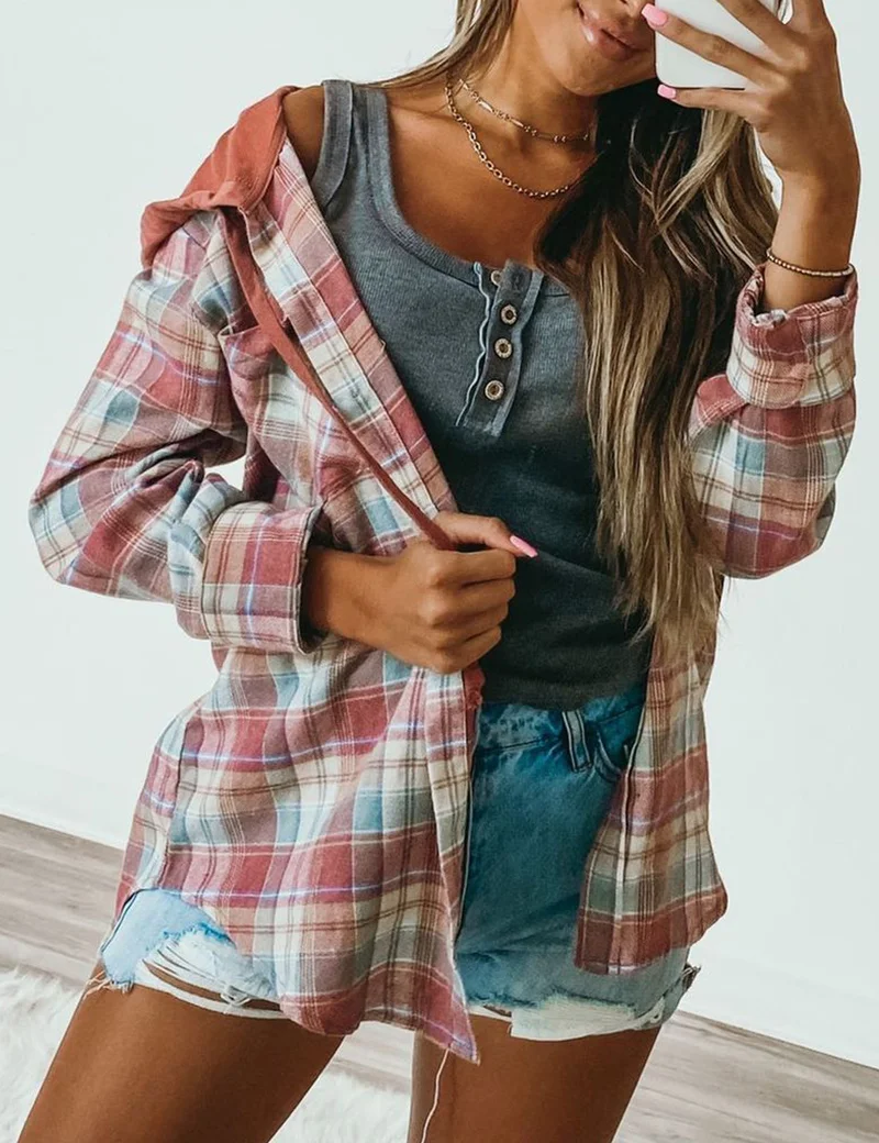 Plaid Button Long Sleeve Coat