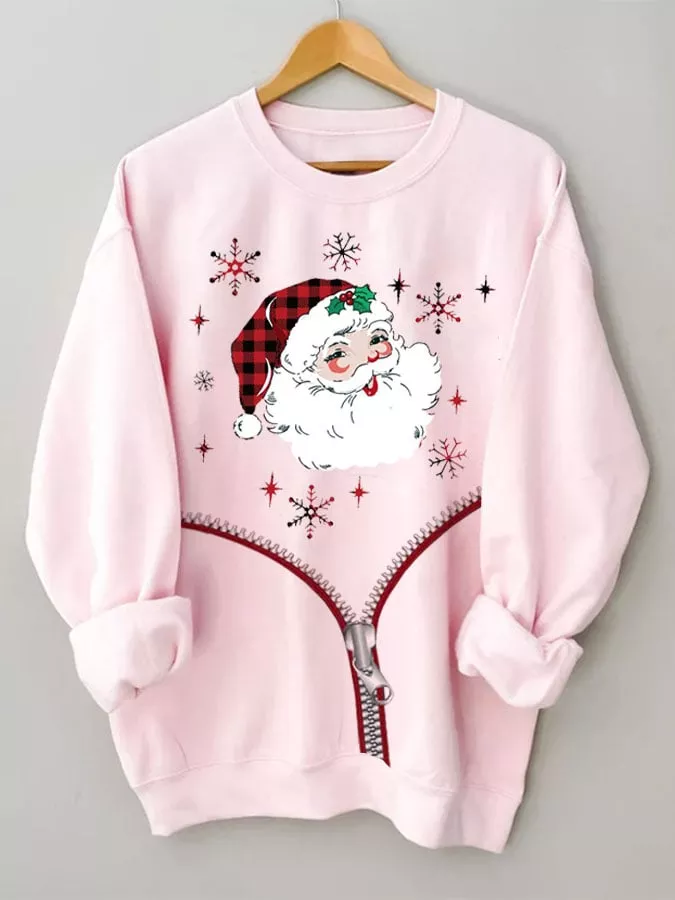 Christmas Snowflake Santa Claus Print Long Sleeve Sweatshirt