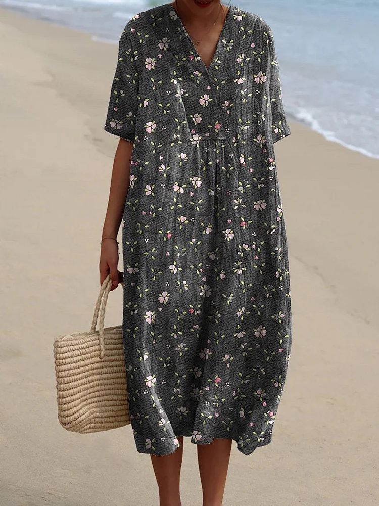 Vintage Style Petite Pink Floral Pattern Printed Women's Flowy Dress