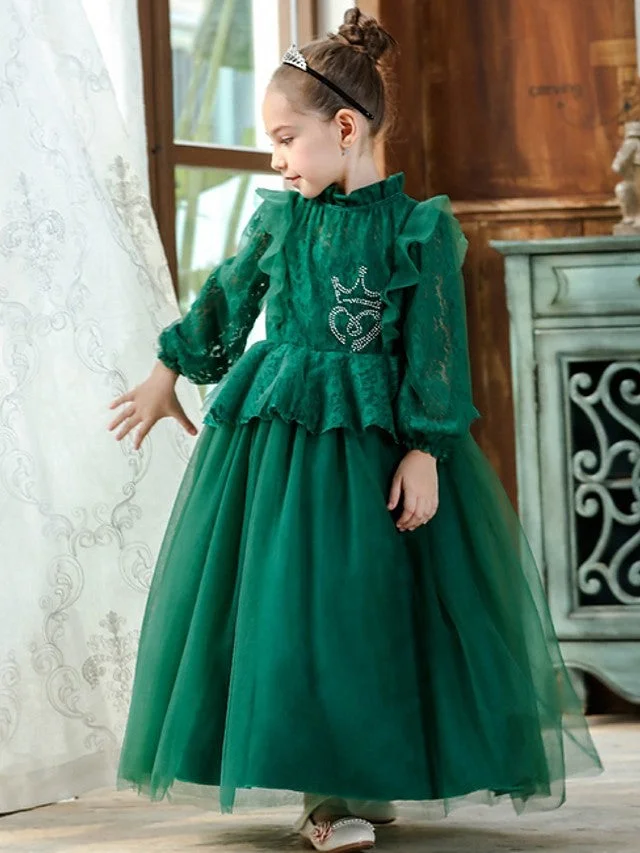 Daisda  Long Sleeve High Neck Ball Gown Flower Girl Dress Lace Tulle With Pleats  Beading