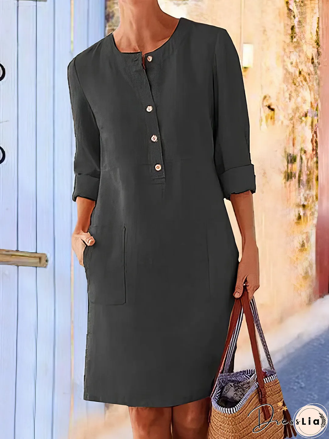 Cotton Linen Temperament Round Neck Long Sleeve Mini Dress