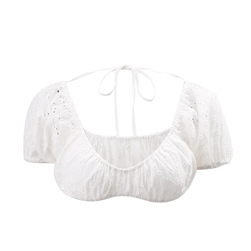 Brownm Brownm Style Women's Sexy French U Bow Back Sweet Hook Flower Hollow Bubble Sleeve Short Jacket