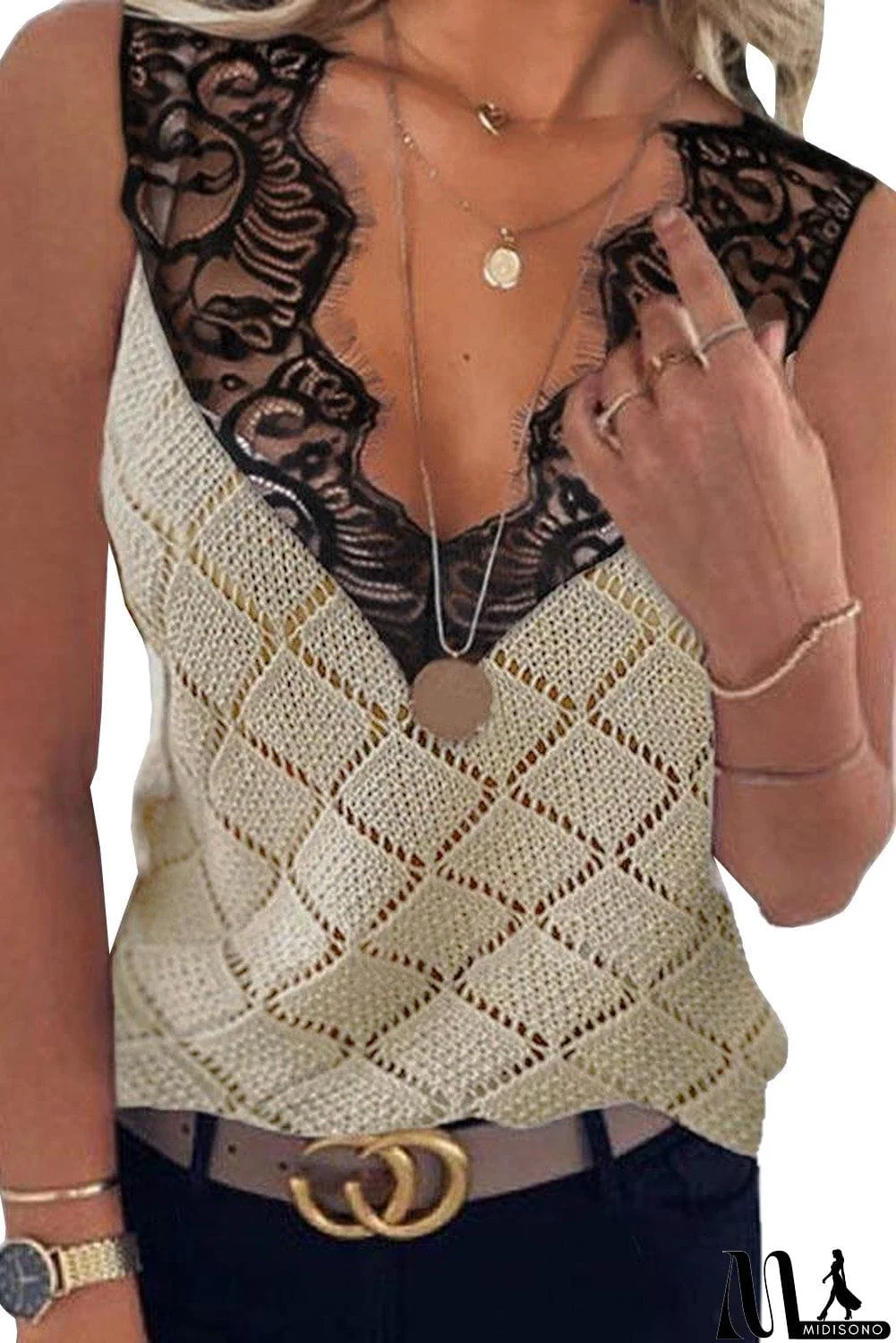 MidiSono - Eyelash V Neck Geometric Diamond Knit Tank Top