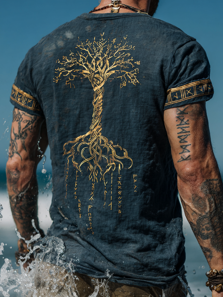 Men's Vintage Coastal Linen T-Shirt – Yggdrasil Pattern / Rvogue / Rvogue