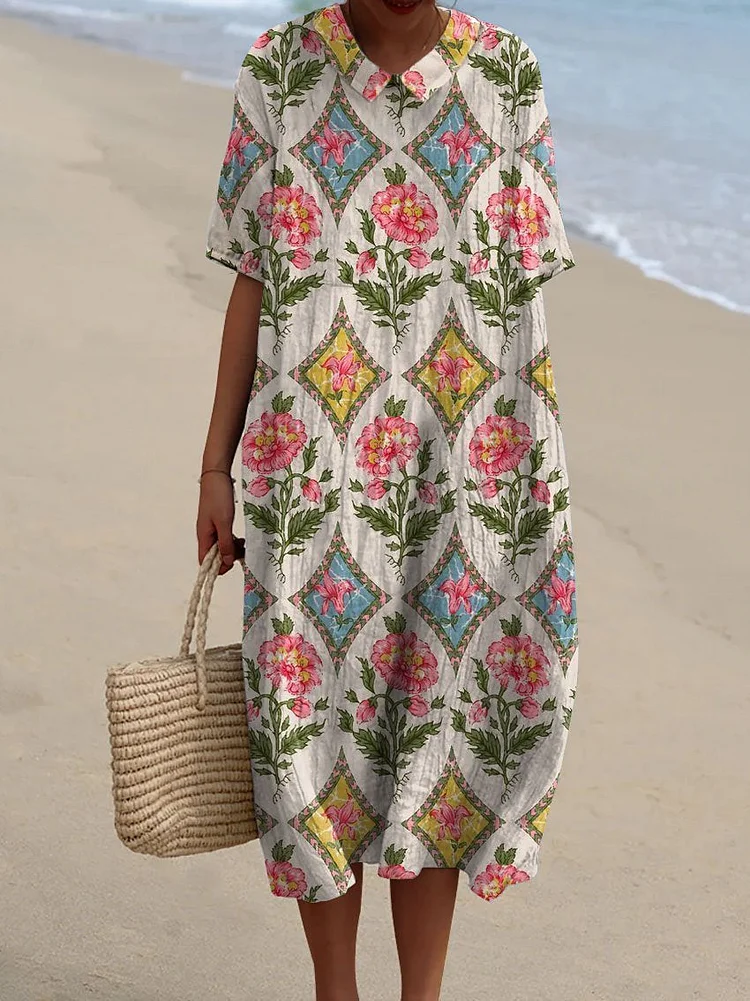 Women's Vintage Floral Art Print Pocket Linen Dress（Convertible Dress With Front And Back Option）