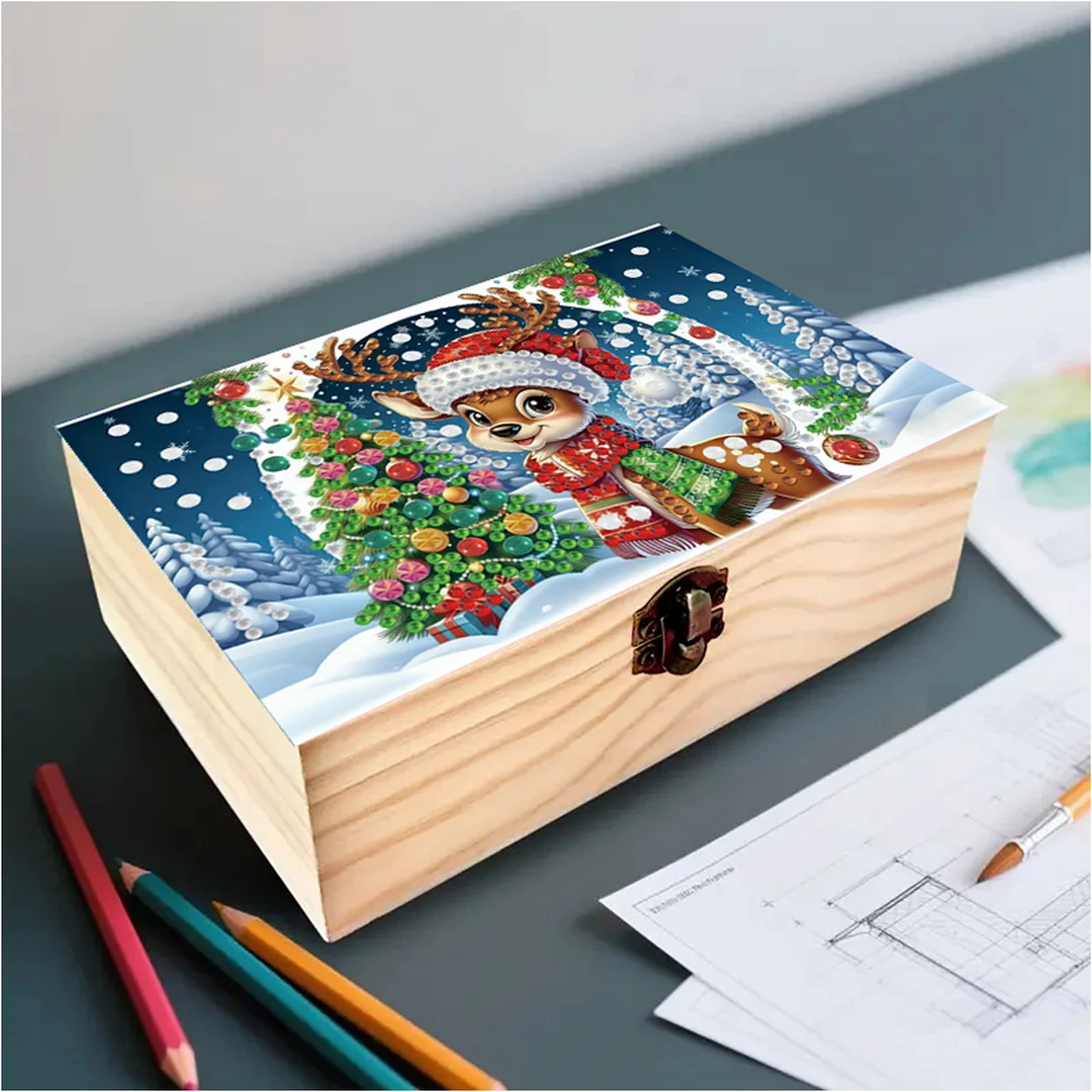 5D DIY Diamond Painting Handmade Wood Storage Box Crystal Storage Case (Deer)